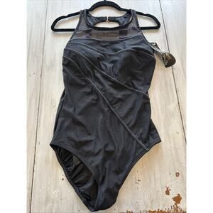 NWT Vtg Robby Len Black One Piece Swimsuit Mesh Neckline Sz 16